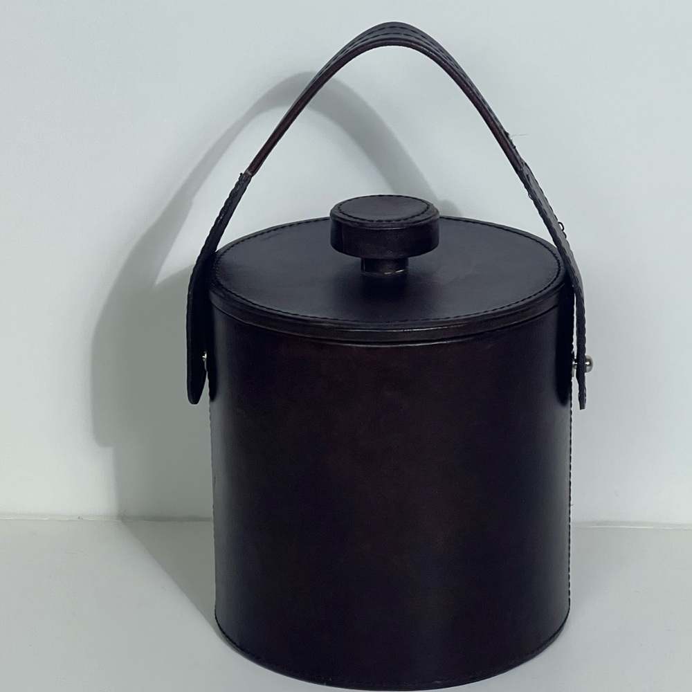 Mid century Modern Leather Ice Bucket, stainless insert, Elegant  Barware Rare